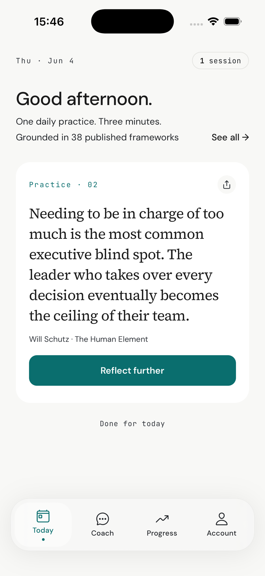 LeaderWise app showing today's leadership practice